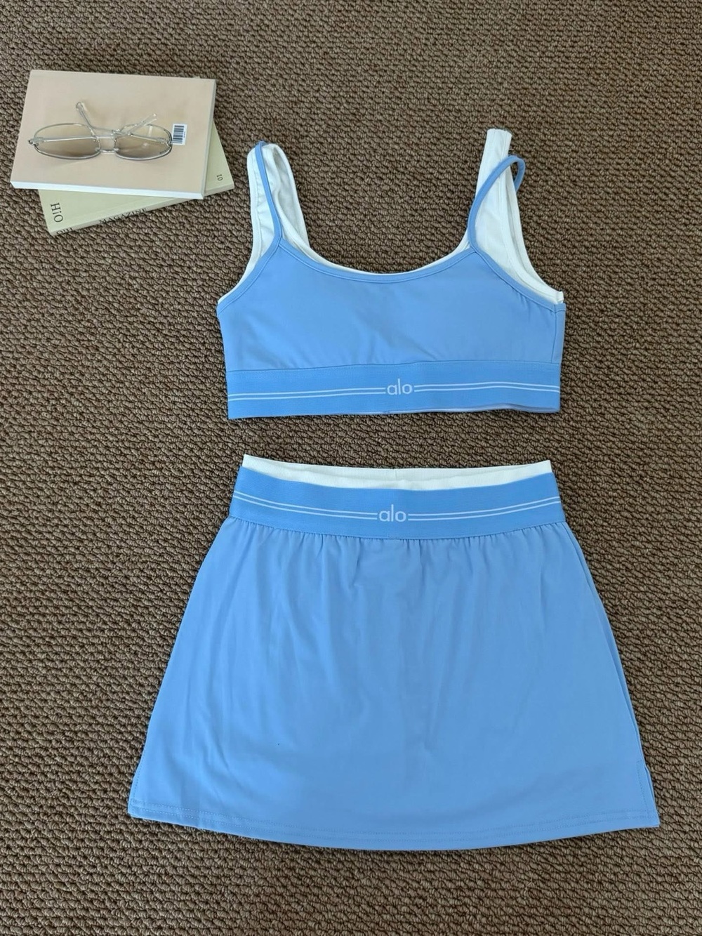 ALO Yoga Sky Blue Sports Bra and Skort Set